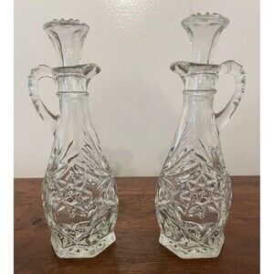 Vtg 60's Anchor Hocking Oil & Vinegar Cruet Set w/Stoppers Prescut Clear 7.75" H